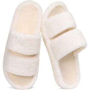 Women's Fuzzy White Moderate Arch Support Open Toe Cozy Bedroom Slippers Shoes